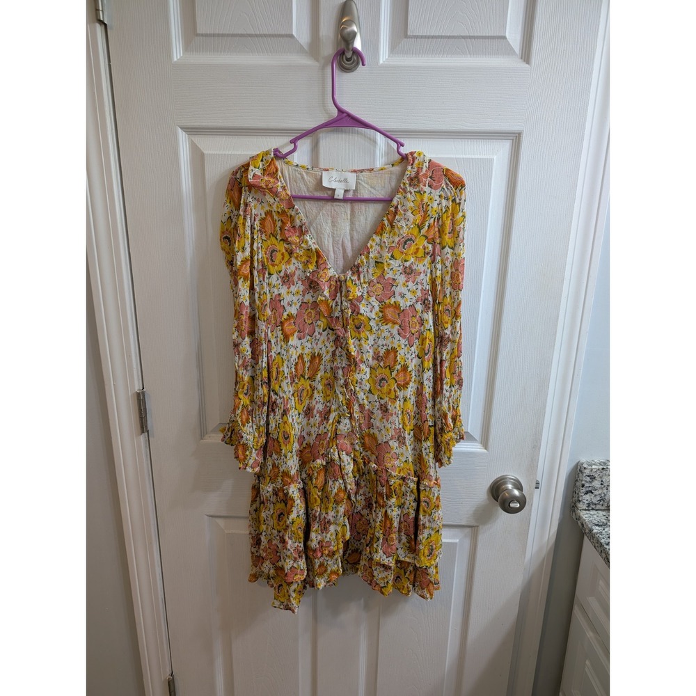 Cleobella Audrey Floral Print Ruffle‎ V Neck Long Sleeve Mini Dress - Size S